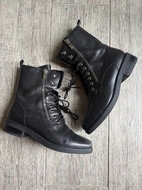 Marc Fisher Black Lace-Up Combat Boots with Side Zipper